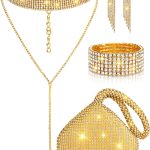 Quelay 4 Pieces Women Crystal Jewelry Set Rhinestone Tassel Necklace Stretch Bangle Bracelet Crystal Dangle Fringe Earrings and Rhinestone Handbag for Wedding Party (Glitter Silver,Medium)